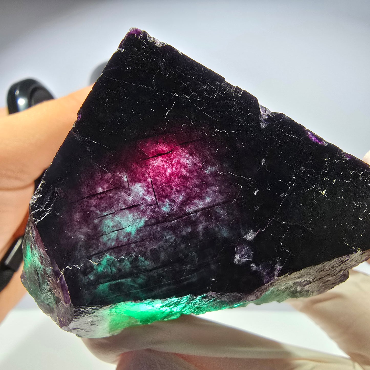 Cube de fluorite fantôme XL parqueté vert violet Okorusu, Namibie 54*54*47mm