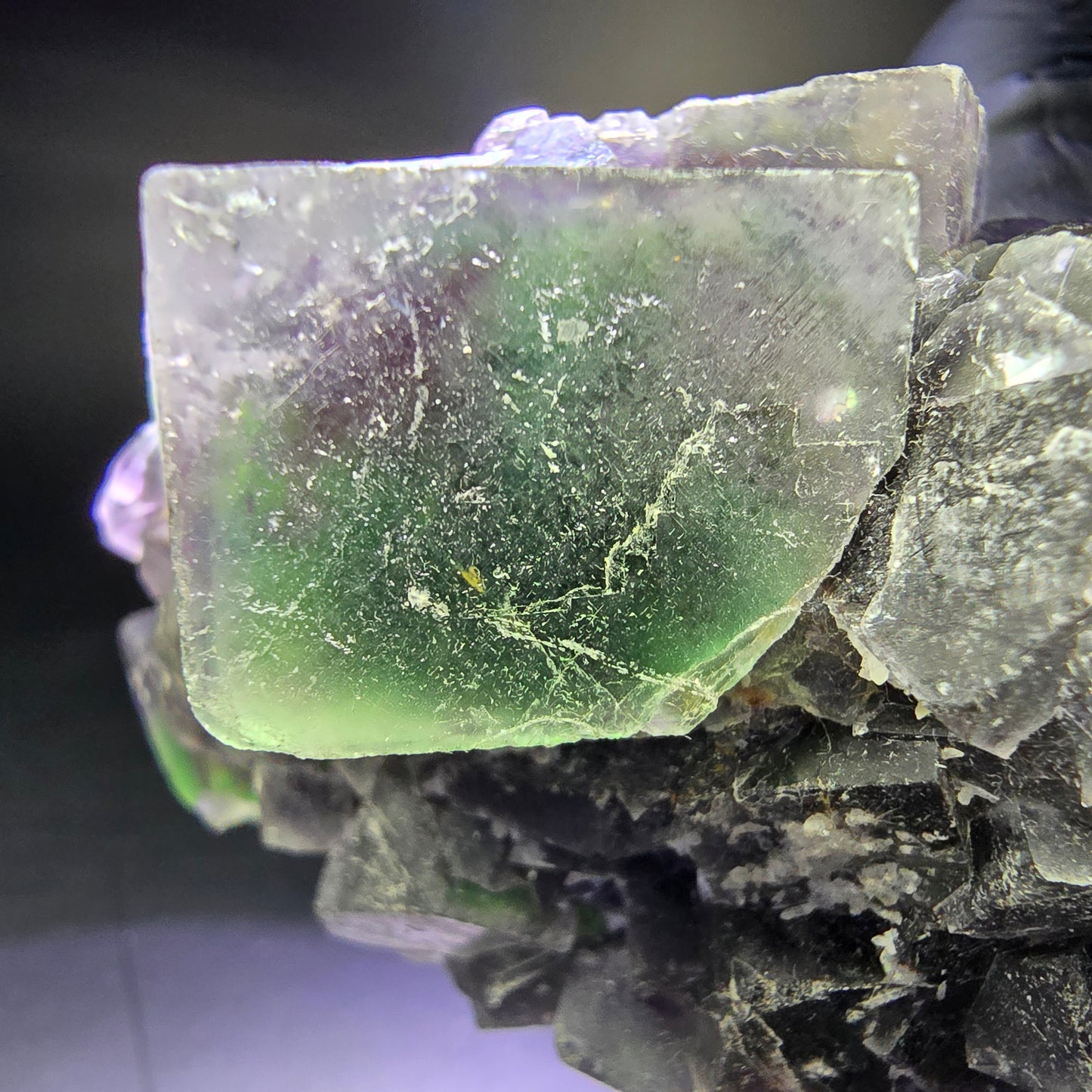 Rare niveau de cube de fluorite fantôme violet vert 86*46*31mm d'Okorusu, Namibie