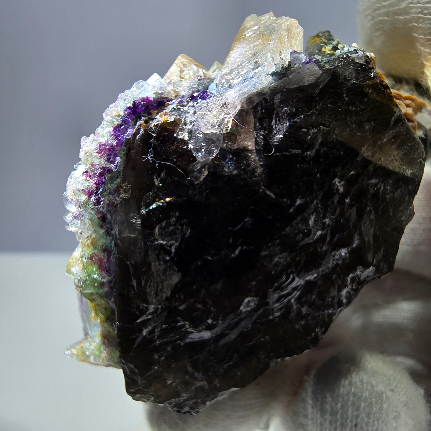 Phantom Fluorit Würfel zonal, Rauchquarz Stufe Erongo, Namibia 67*49*29mm