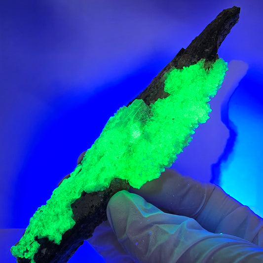 Grand spécimen d'hyalite, de tourmaline Schorl et de muscovite, Erongo, Namibie, 131 x 33 x 19 mm