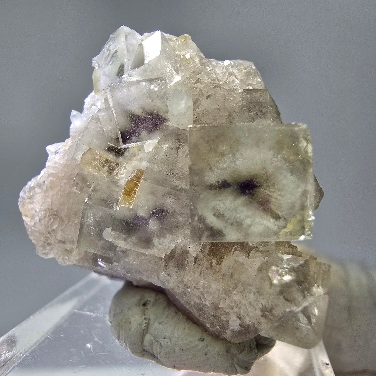 Seltene UV Phantom Fluorit Würfel, Quarz Stufe Brandberg, Namibia 29*27*18mm