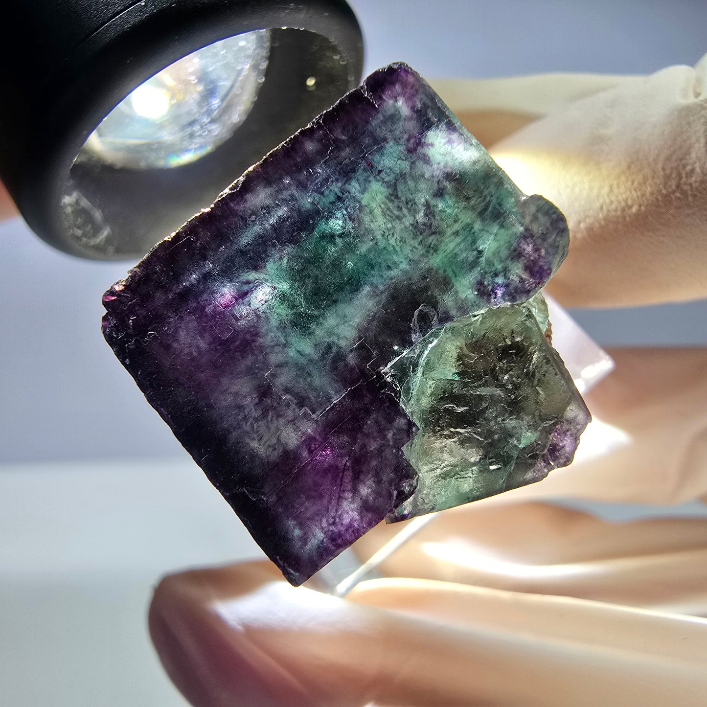 Rare cube de fluorite fantôme parqueté vert violet Okorusu Namibie 23*22*22mm