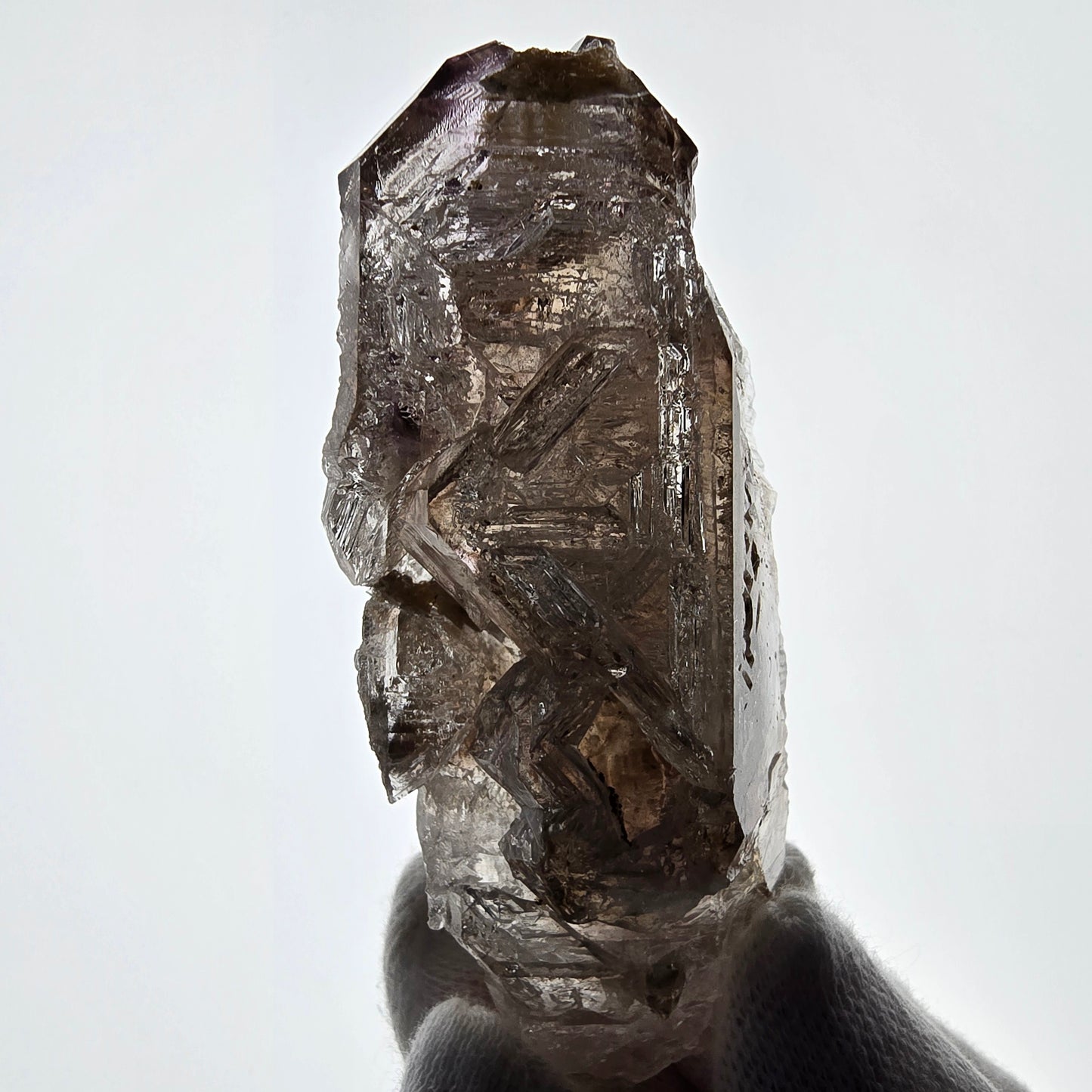 Sceptre fantôme squelette en quartz fumé DT, poche Saint-Valentin en calcite UV, Namibie 82 x 38 x 26 mm