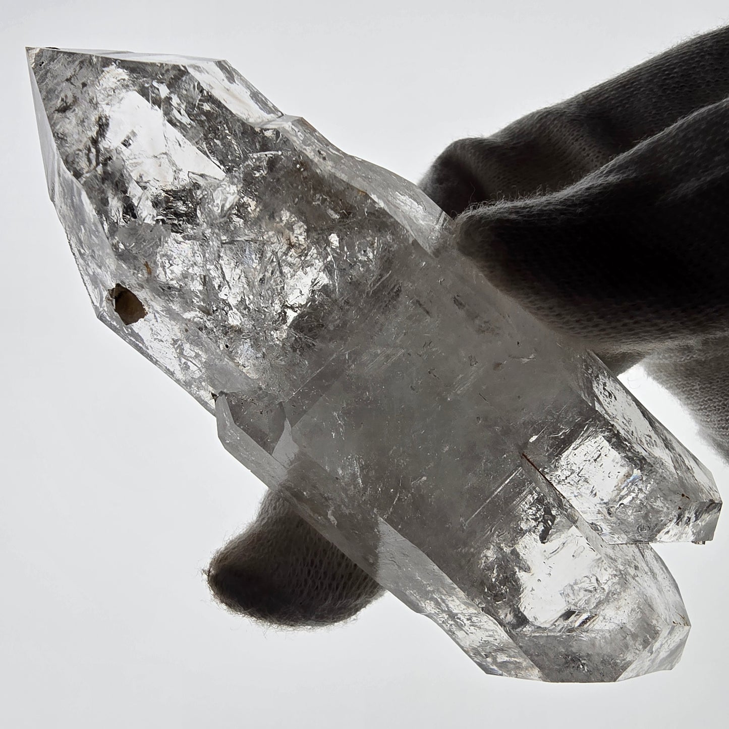 Quartz fumé squelette Enhydro DT, calcite UV, 2x Bubble Valentine Pocket, Namibie 105 x 38 x 32 mm