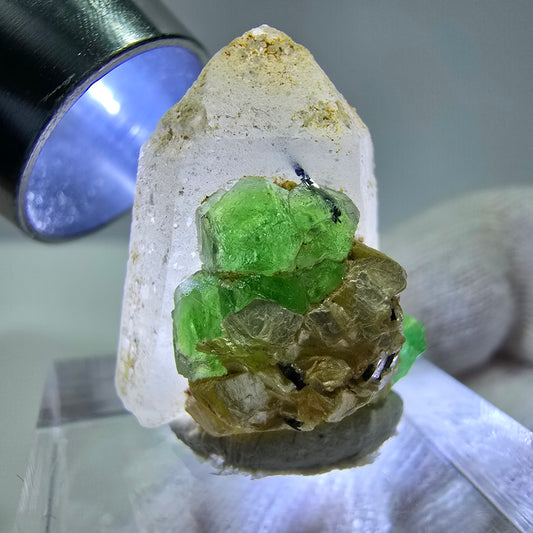 Fluorite fantôme, quartz fumé, hyalite, tourmaline de Schörl, muscovite, Erongo, Namibie, 23 x 19 x 15 mm