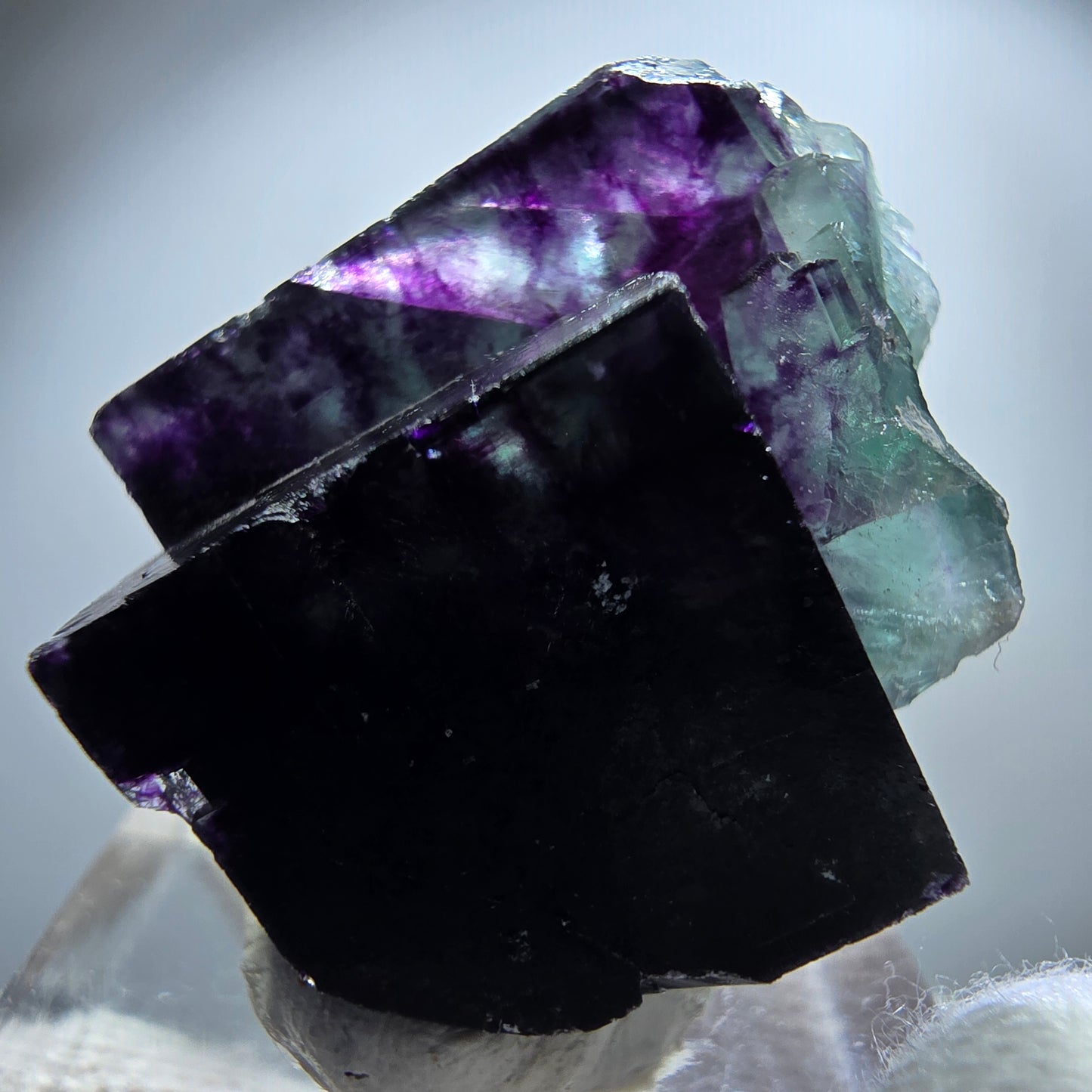 Spécimen rare de cube de fluorite fantôme, vert zonal et violet, Okorusu, Namibie, 27 x 26 x 18 mm