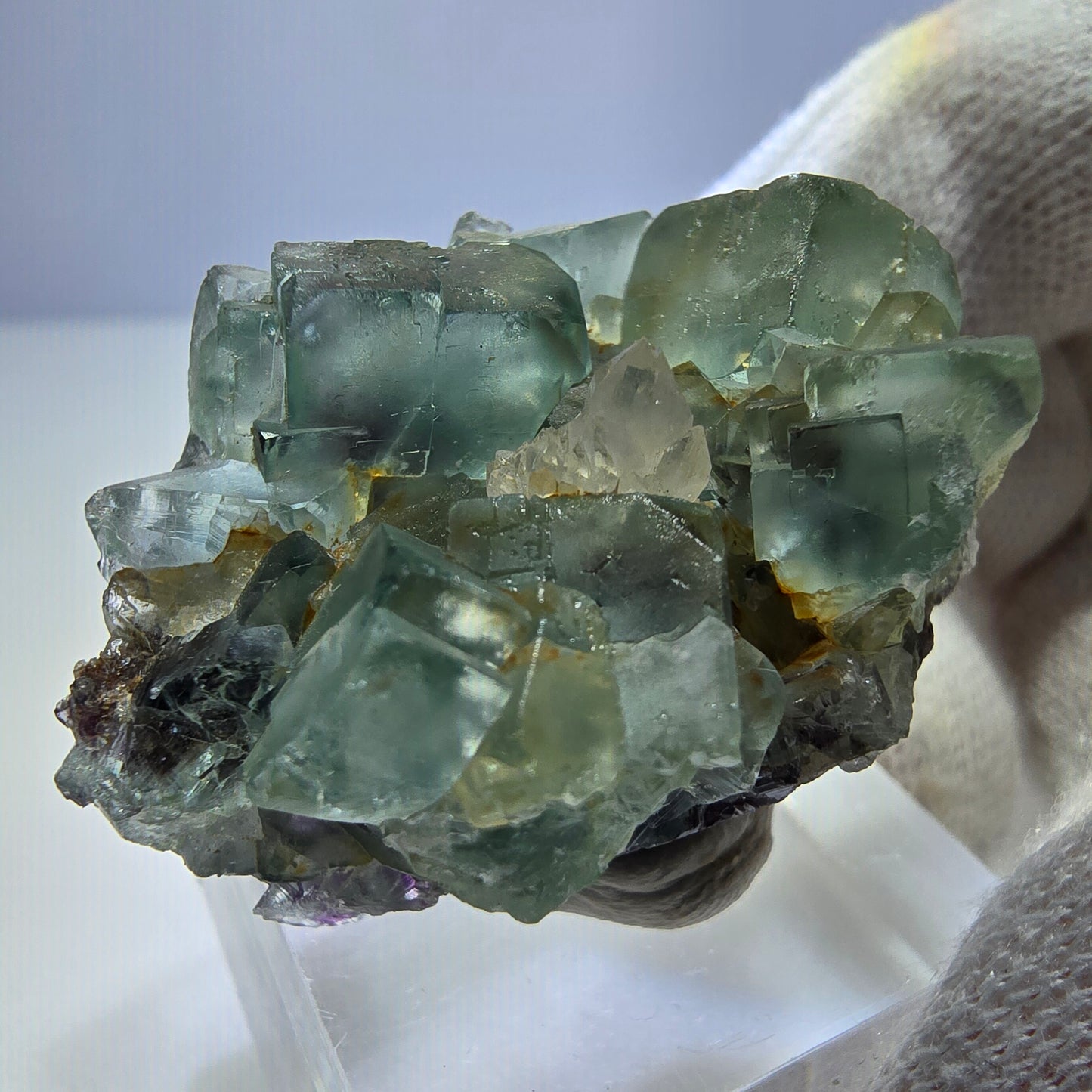 Klare Phantom Fluorit Würfel, Quarz Stufe grün lila Okorusu, Namibia 38*27*22mm