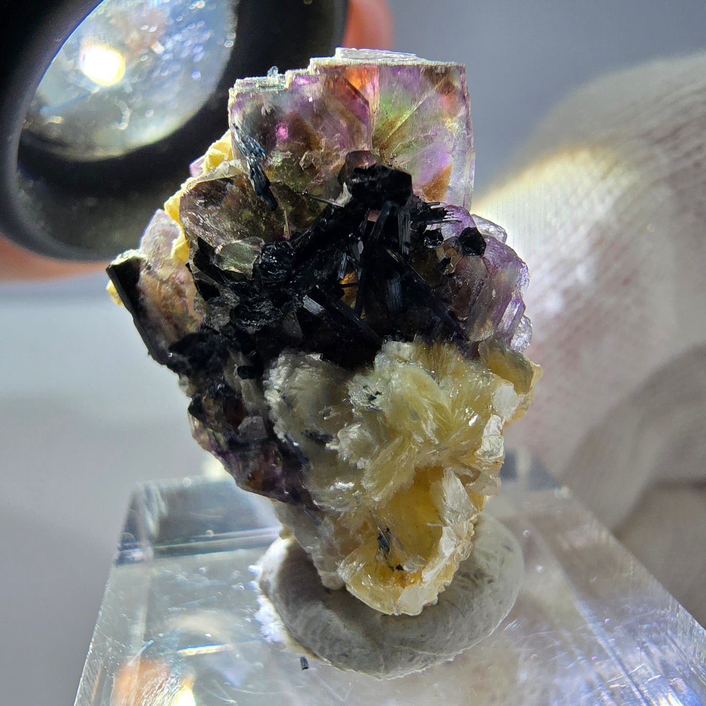 Spécimen de fluorite fantôme colorée, tourmaline scholle, muscovite, Erongo, Namibie, 25 x 22 x 14 mm
