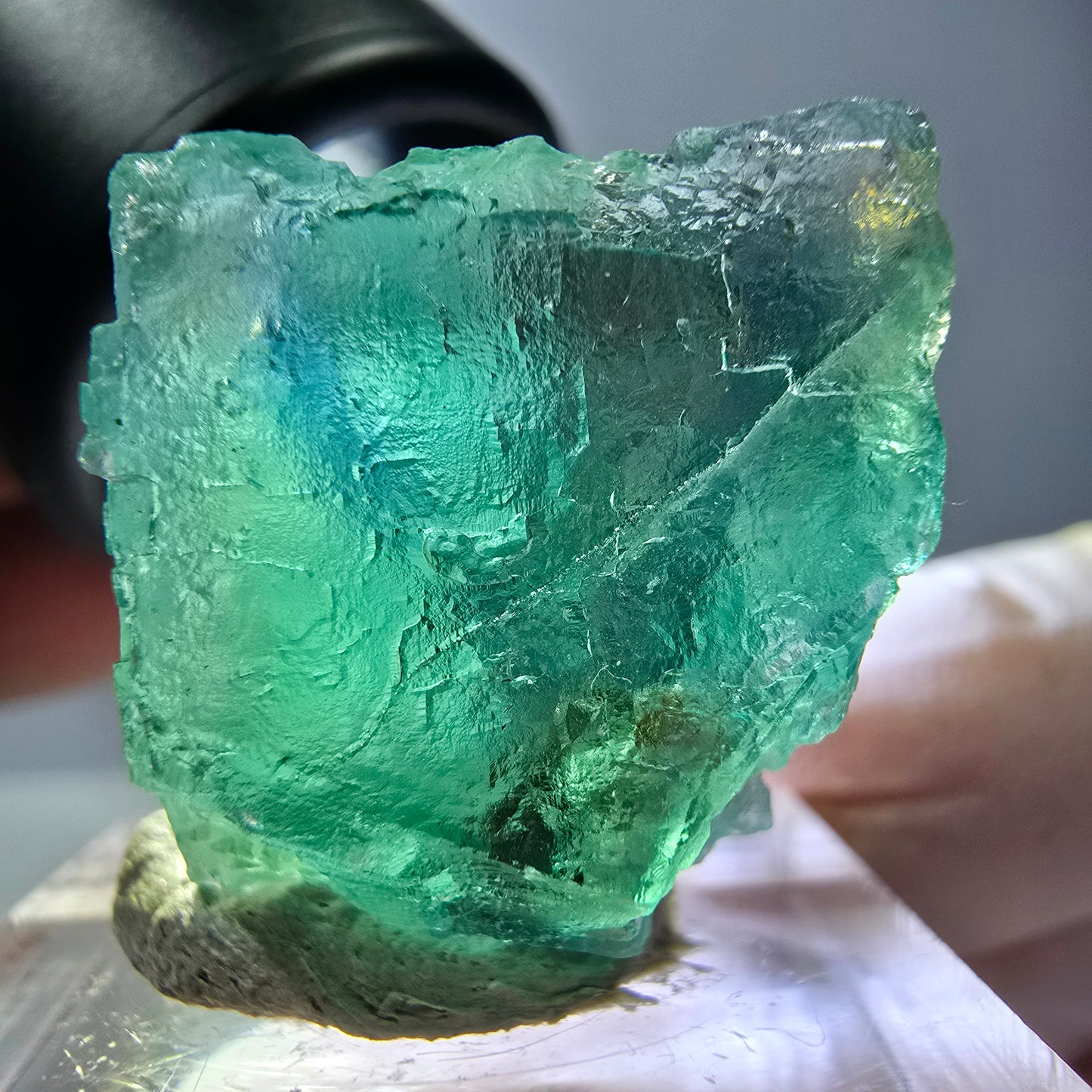 Cube de fluorite fantôme transparente parquetée, vert Okorusu, Namibie 21 x 21 x 19 mm