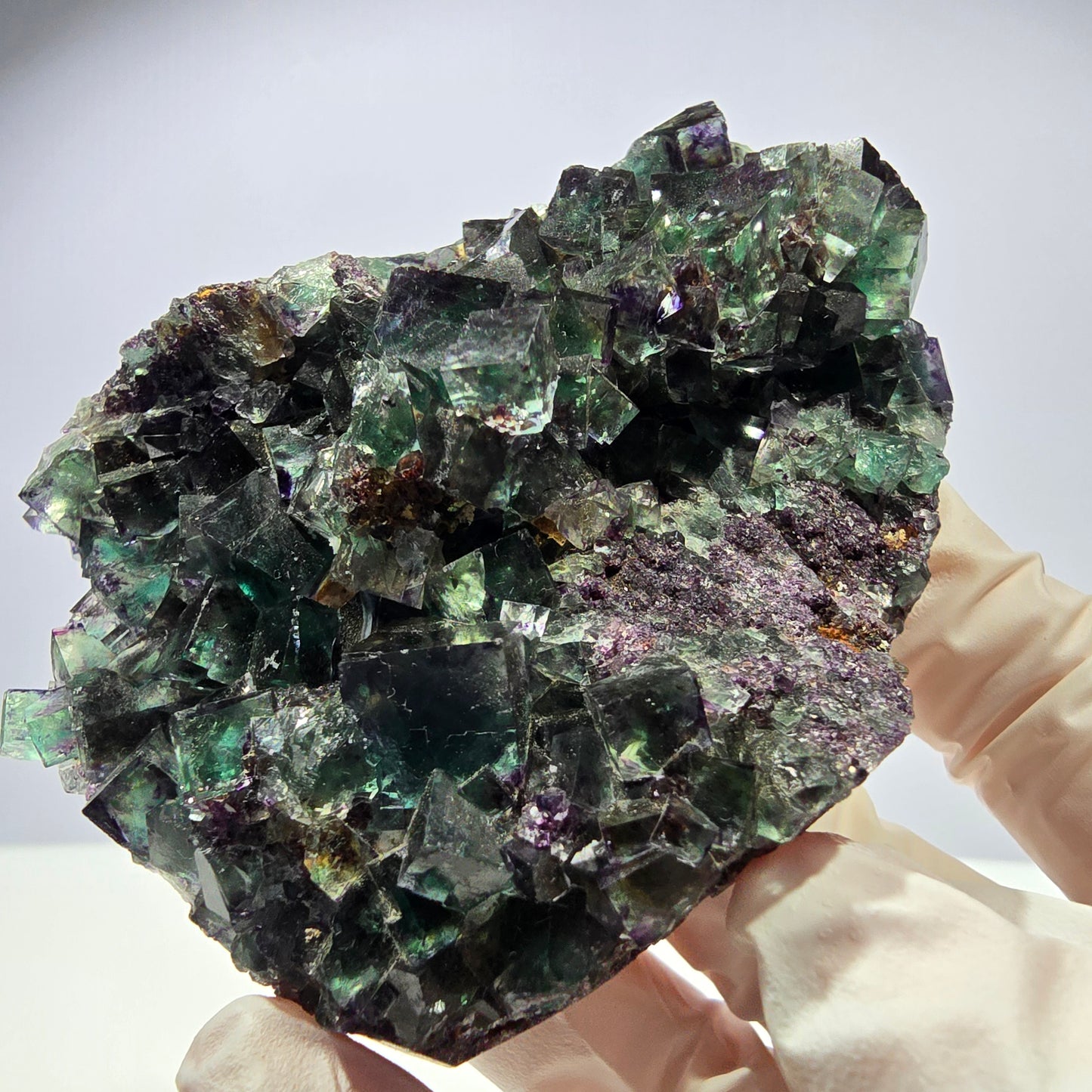 Grand spécimen de cube de fluorite fantôme, vert violet, Okorusu, Namibie, 83 x 55 x 29 mm