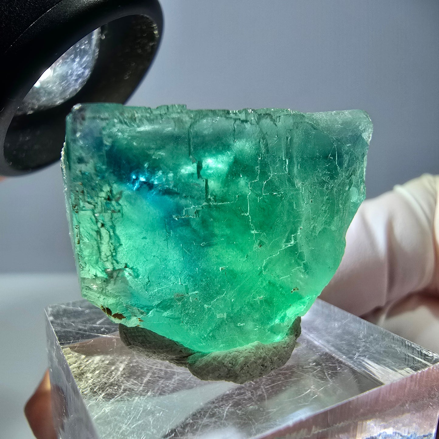 Cube de fluorite fantôme transparente parquetée, vert Okorusu, Namibie 30 x 23 x 21 mm