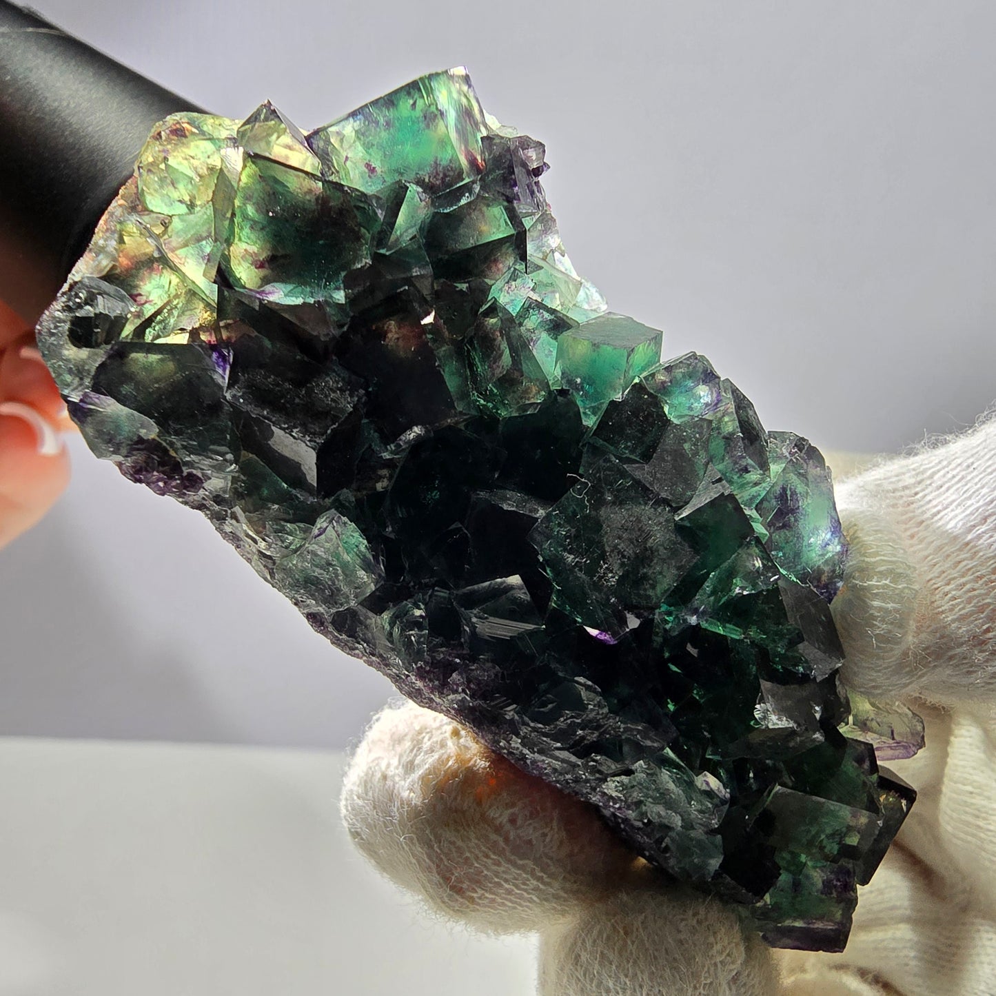 Rare spécimen de cube de fluorite fantôme, vert violet Okorusu Namibie 76*35*19mm