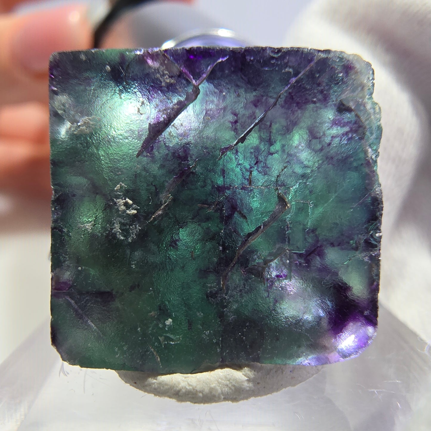 Rare spécimen de cube de fluorite fantôme, vert-violet zonal, Okorusu, Namibie, 25 x 23 x 16 mm