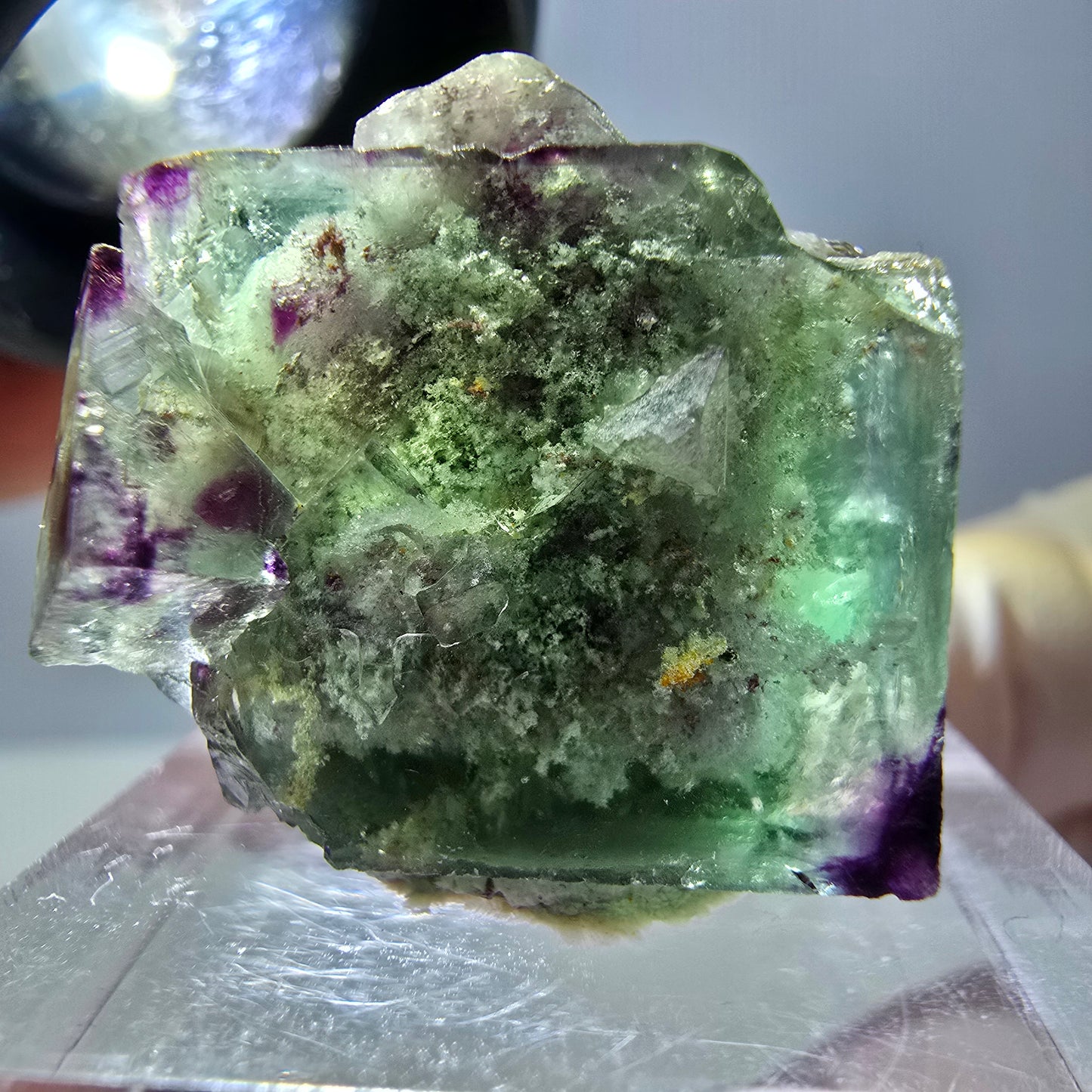 Phantom Fluorit Würfel, Quarz Stufe, grün lila Okorusu, Namibia 22*21*18mm