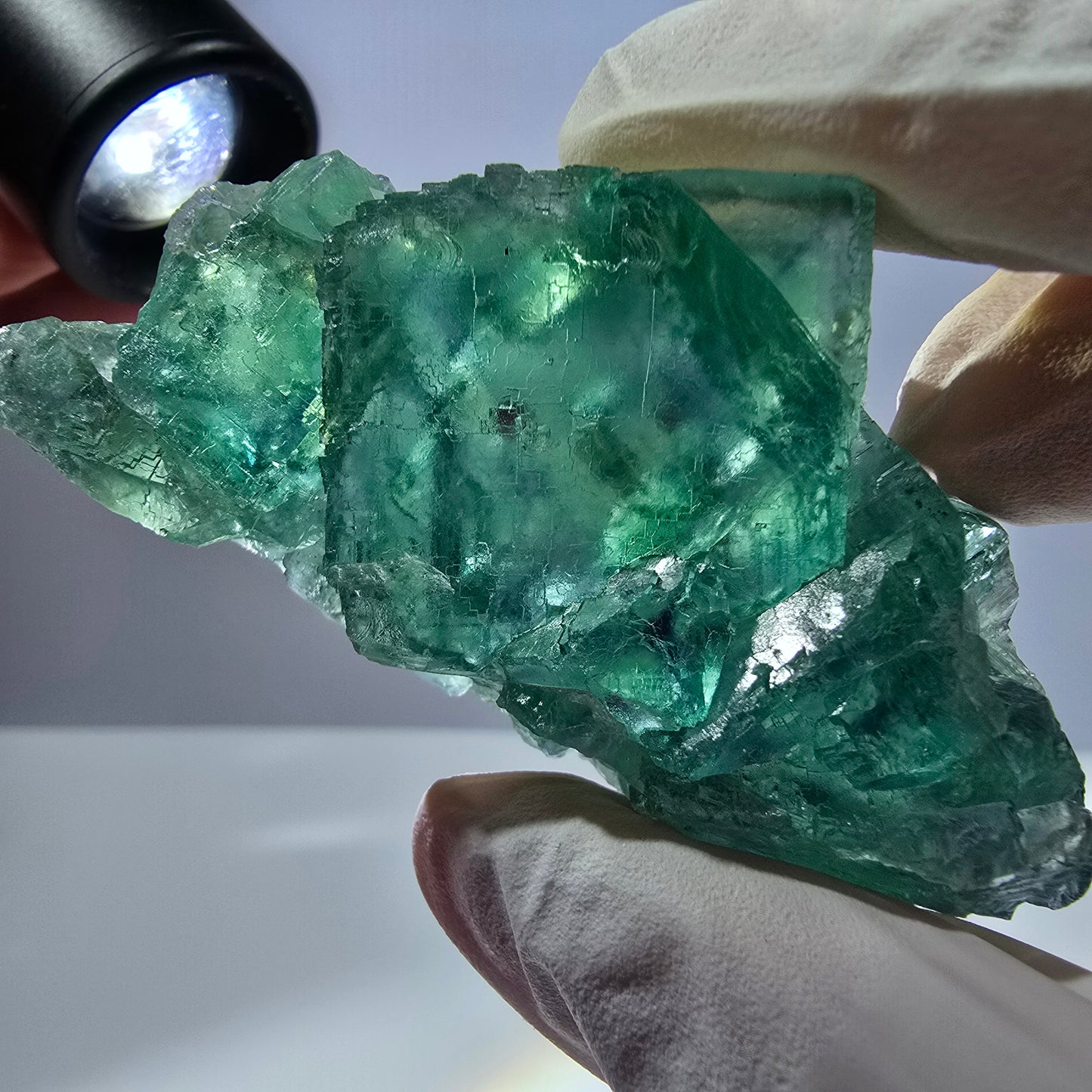 Spécimen de cube de fluorite fantôme transparente, vert parqueté, Okorusu, Namibie, 64 x 35 x 16 mm