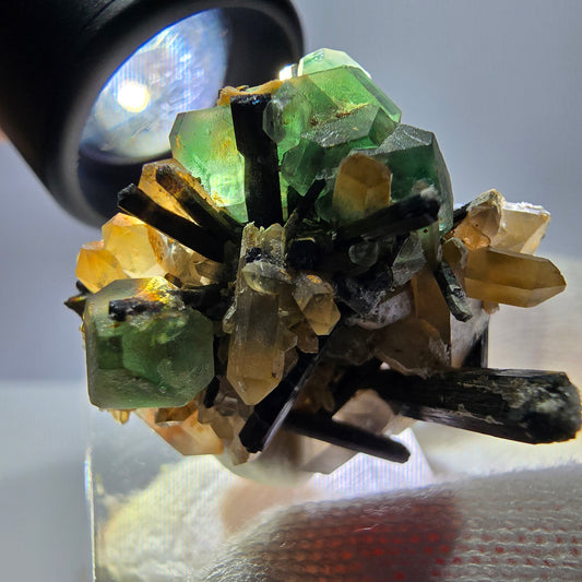 Fluorite fantôme hexagonale, tourmaline Schörl, quartz fumé, hyalite, Erongo, Namibie, 34 x 30 x 31 mm
