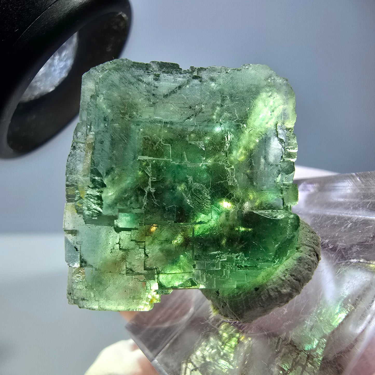 Cube de fluorite fantôme transparente parquetée, vert Okorusu, Namibie 23 x 21 x 15 mm
