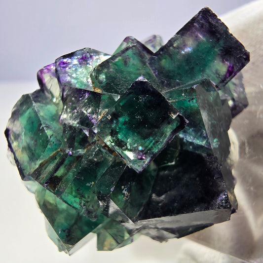 Spécimen de cube de fluorite fantôme transparente, vert-violet zonal, Okorusu, Namibie, 43 x 35 x 19 mm