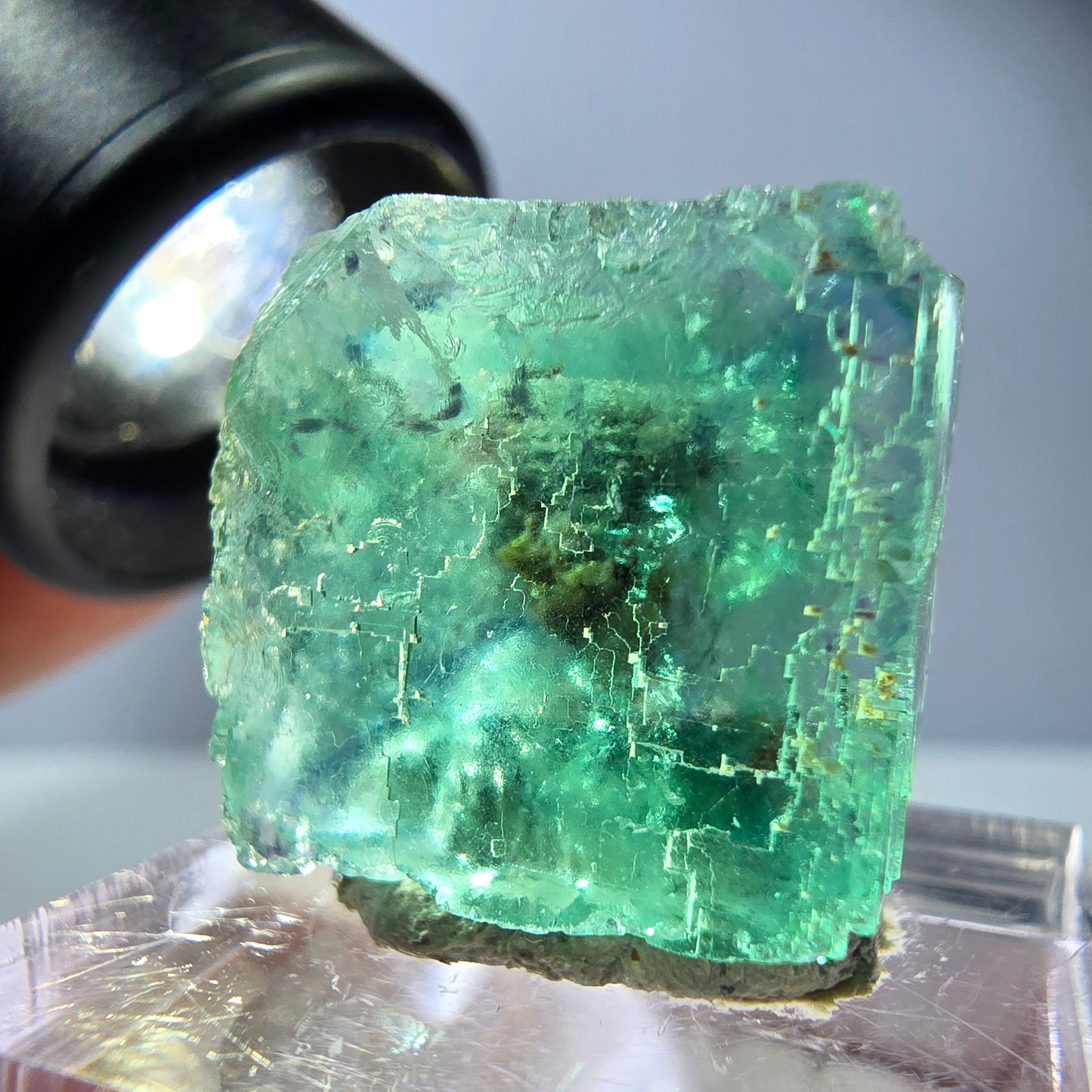 Cube de fluorite fantôme transparente parquetée, vert Okorusu, Namibie 19 x 19 x 15 mm