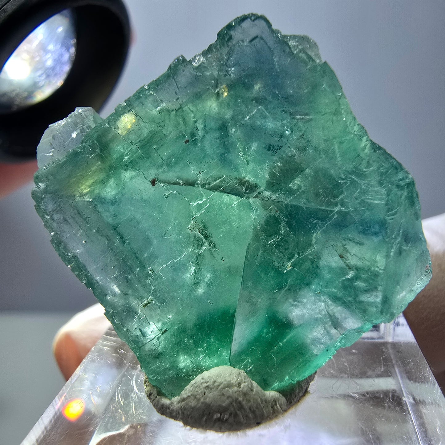 Cube de fluorite fantôme transparente parquetée, vert Okorusu, Namibie 28 x 25 x 14 mm