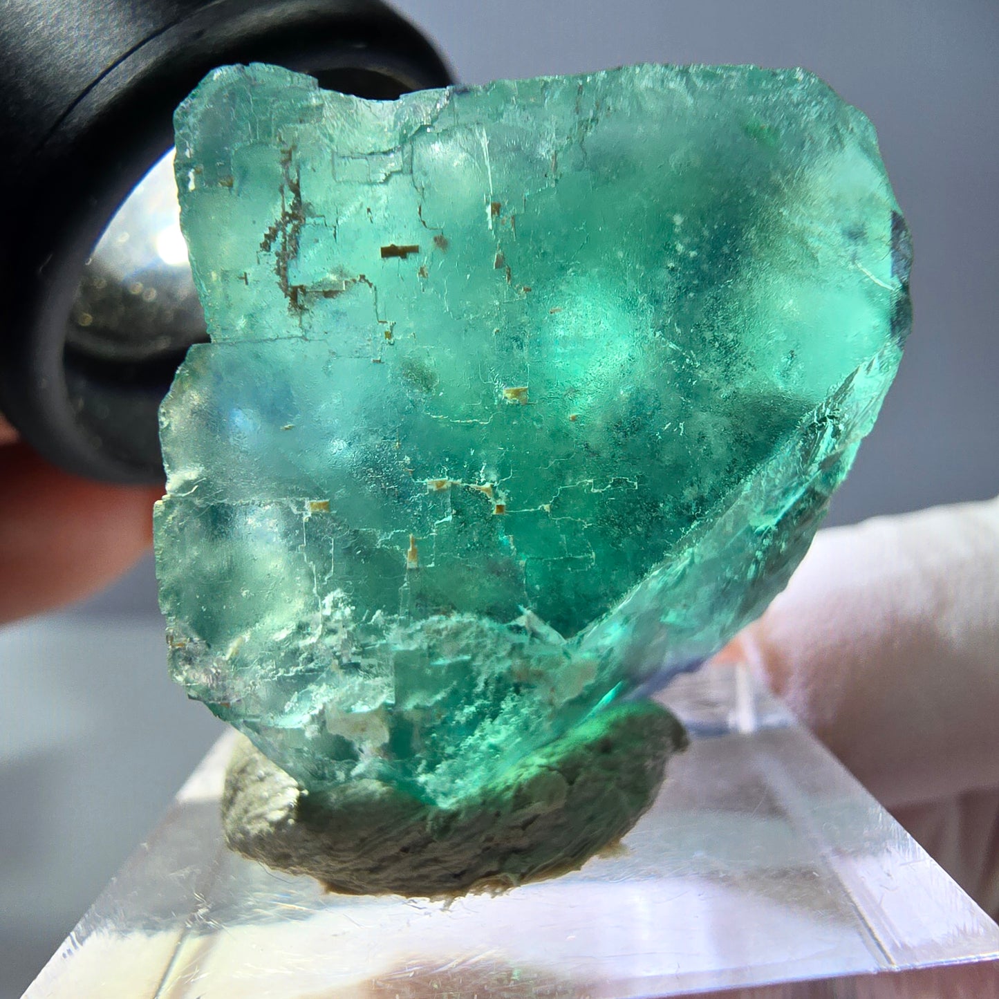 Cube de fluorite fantôme transparente parquetée, vert Okorusu, Namibie 27 x 24 x 23 mm