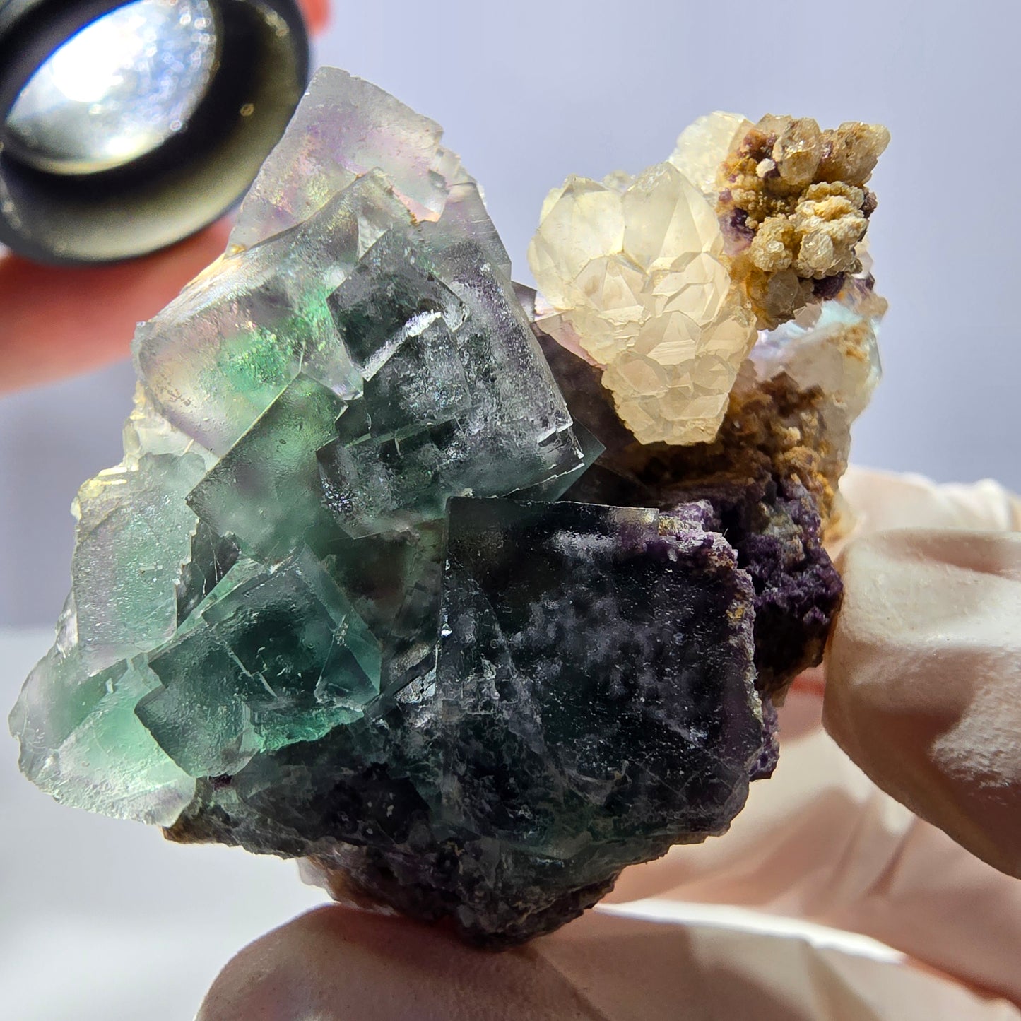 Rare cube de fluorite fantôme, spécimen de quartz vert violet Okorusu Namibie 42*41*24mm