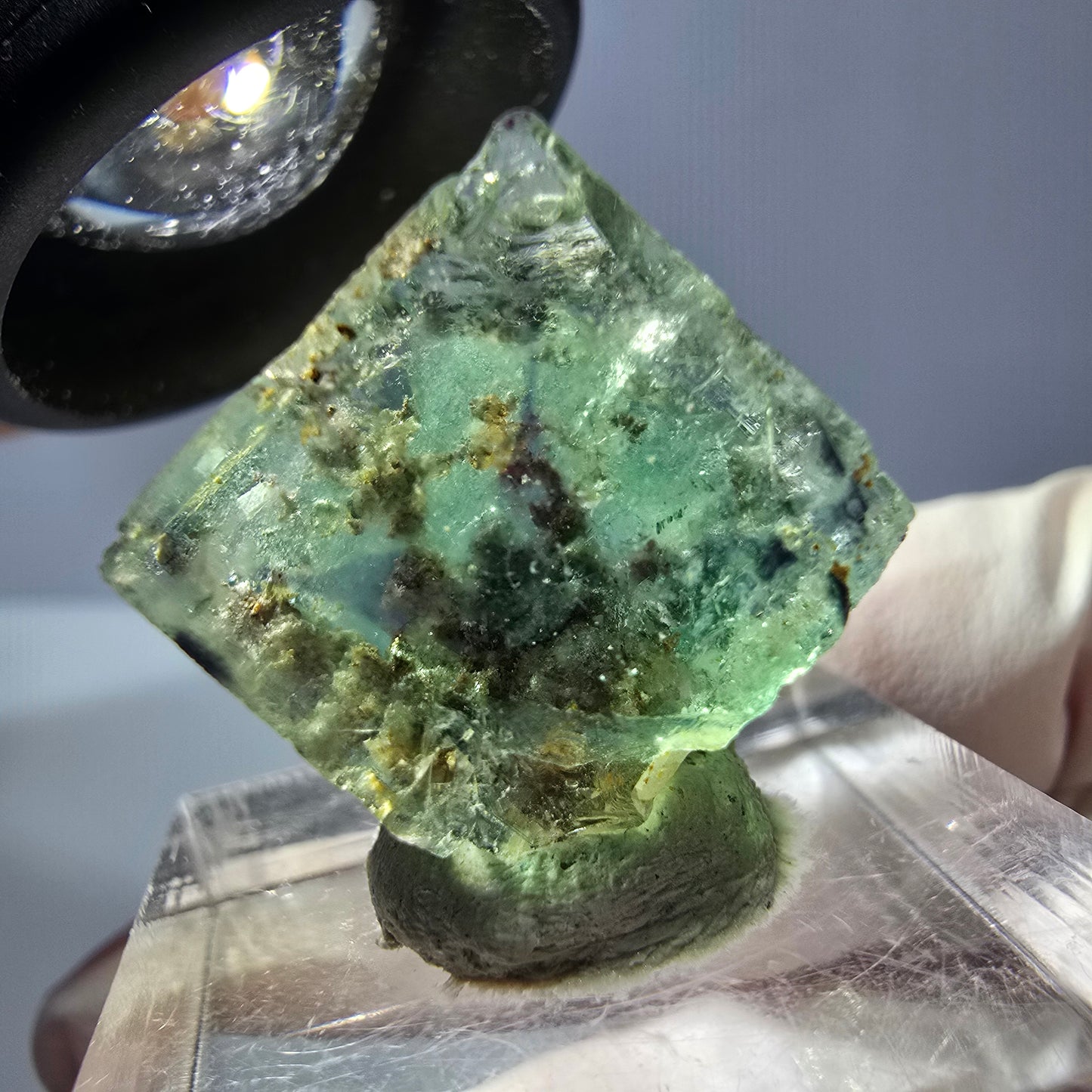 Cube de fluorite fantôme transparente parquetée, vert Okorusu, Namibie 16 x 15 x 13 mm