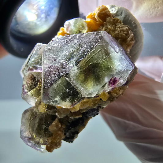 Cube hexagonal de fluorite fantôme, muscovite, tourmaline Schörl, Erongo, Namibie, 36 x 26 x 18 mm