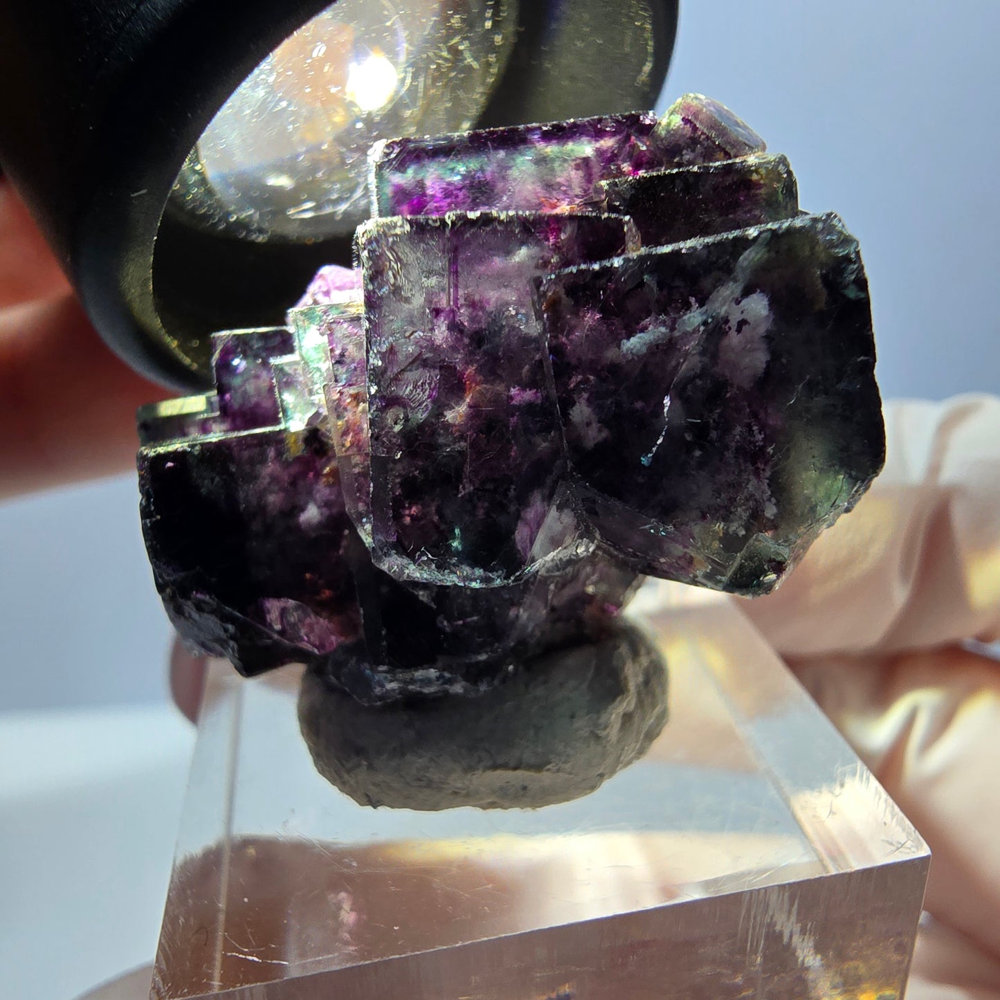 Spécimen de cube de fluorite fantôme, parqueté vert violet Okorusu, Namibie 34*24*19 mm
