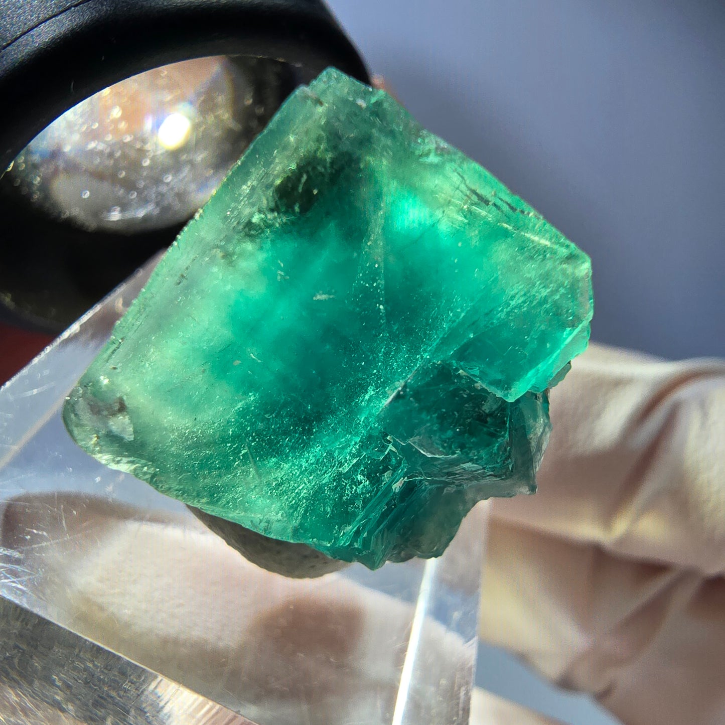 Cube de fluorite fantôme transparente parquetée, vert Okorusu, Namibie 18 x 18 x 17 mm