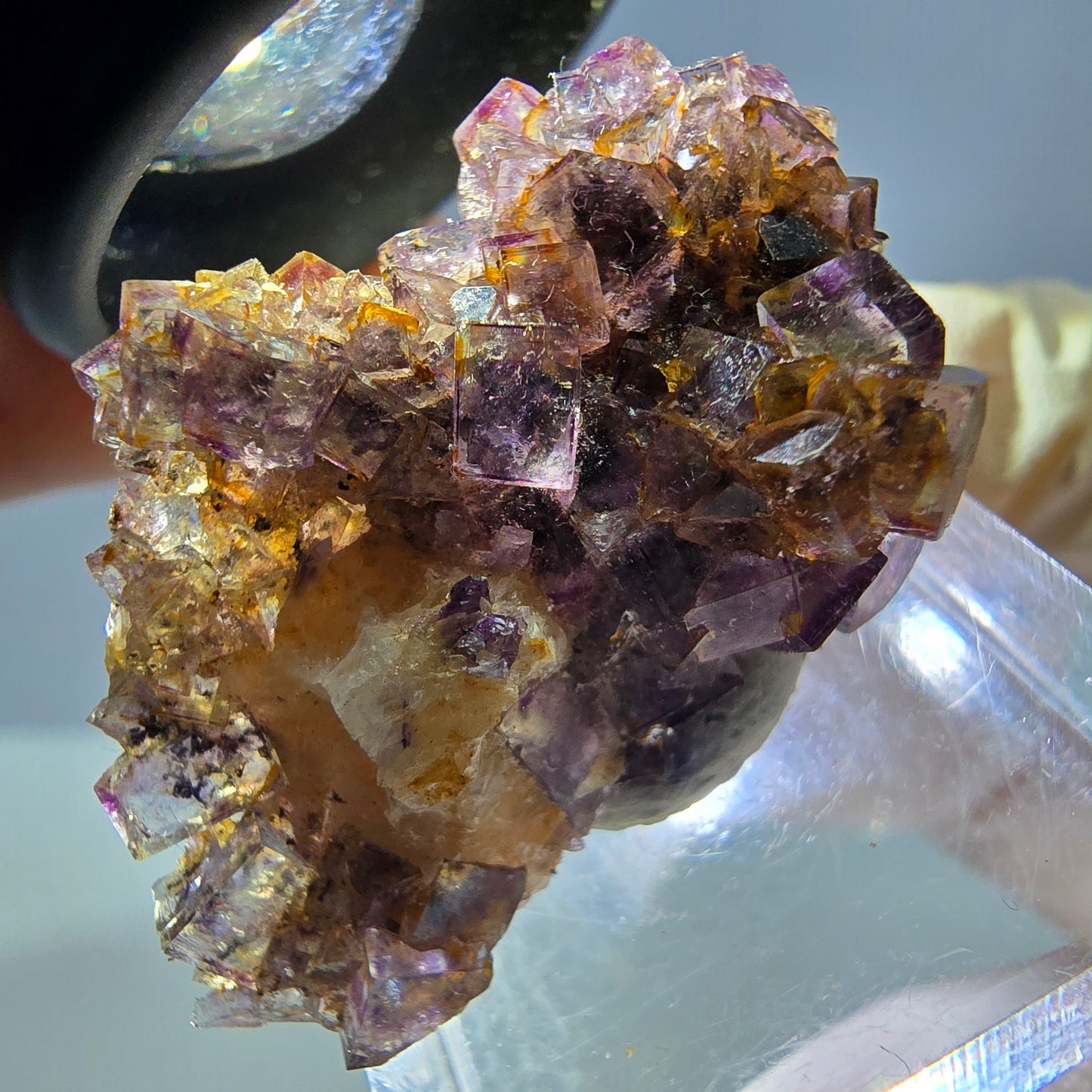 Spécimen de cube de fluorite fantôme, violet-jaune, Okorusu, Namibie, 36 x 27 x 15 mm