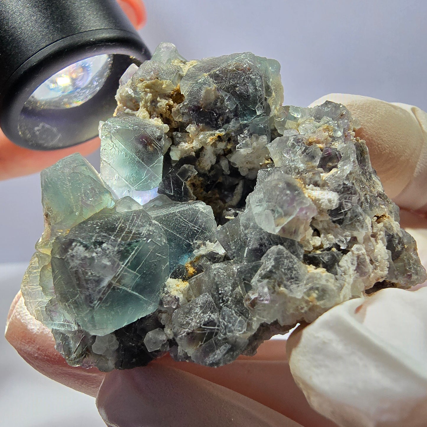 Rare cube de fluorite fantôme, spécimen de quartz vert violet Okorusu Namibie 47*46*37 mm
