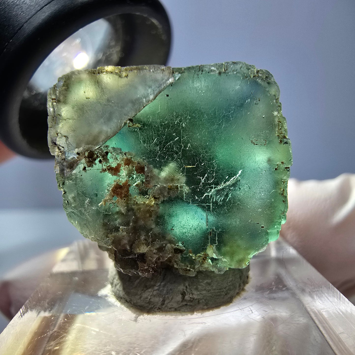 Cube de fluorite fantôme transparente parquetée, vert Okorusu, Namibie 21 x 19 x 19 mm