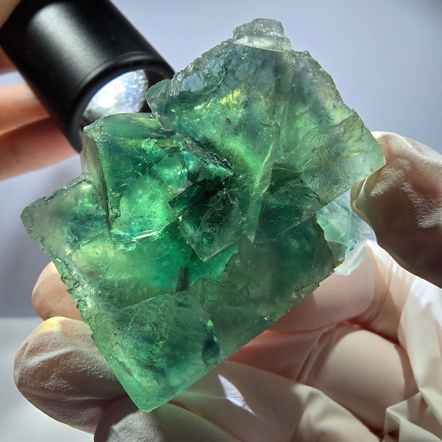 Spécimen de cube de fluorite fantôme transparente, vert parqueté, Okorusu, Namibie, 43 x 37 x 21 mm