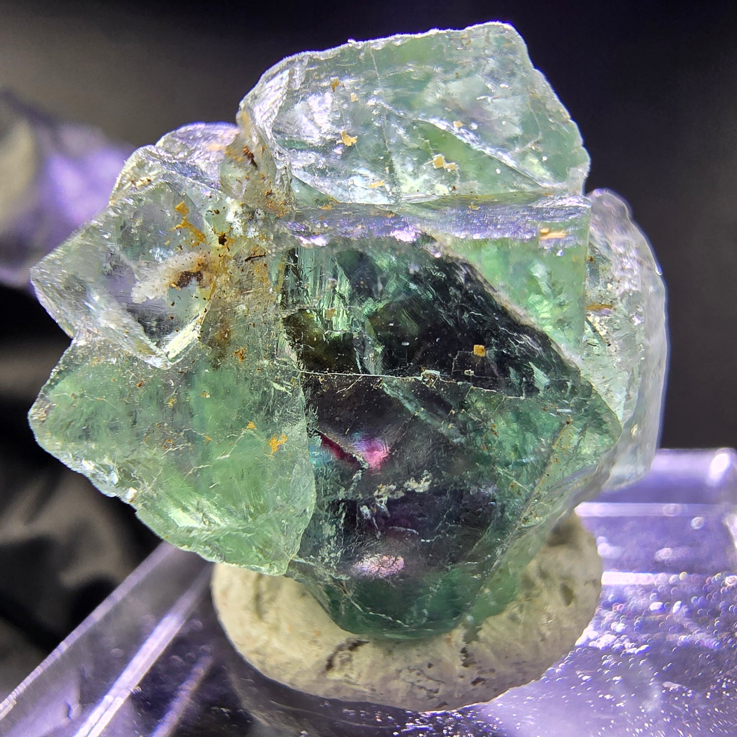 Klare Phantom Fluorit XX Würfel Stufe grün lila 23*19*17mm aus Okorusu, Namibia