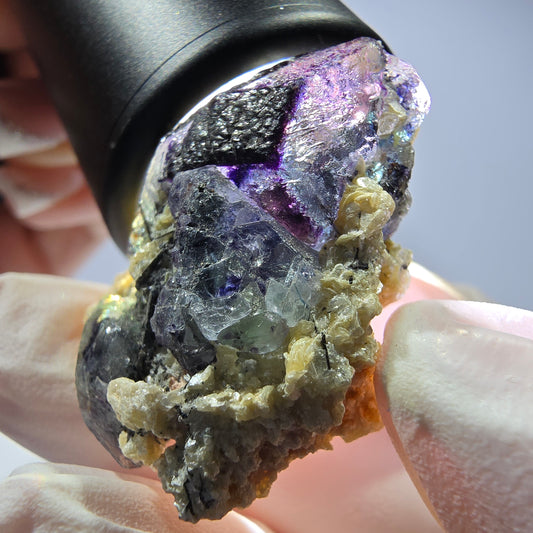 Cube de fluorite fantôme, zonal, muscovite, spécimen de tourmaline Schorl, Erongo, Namibie, 33 x 27 x 13 mm