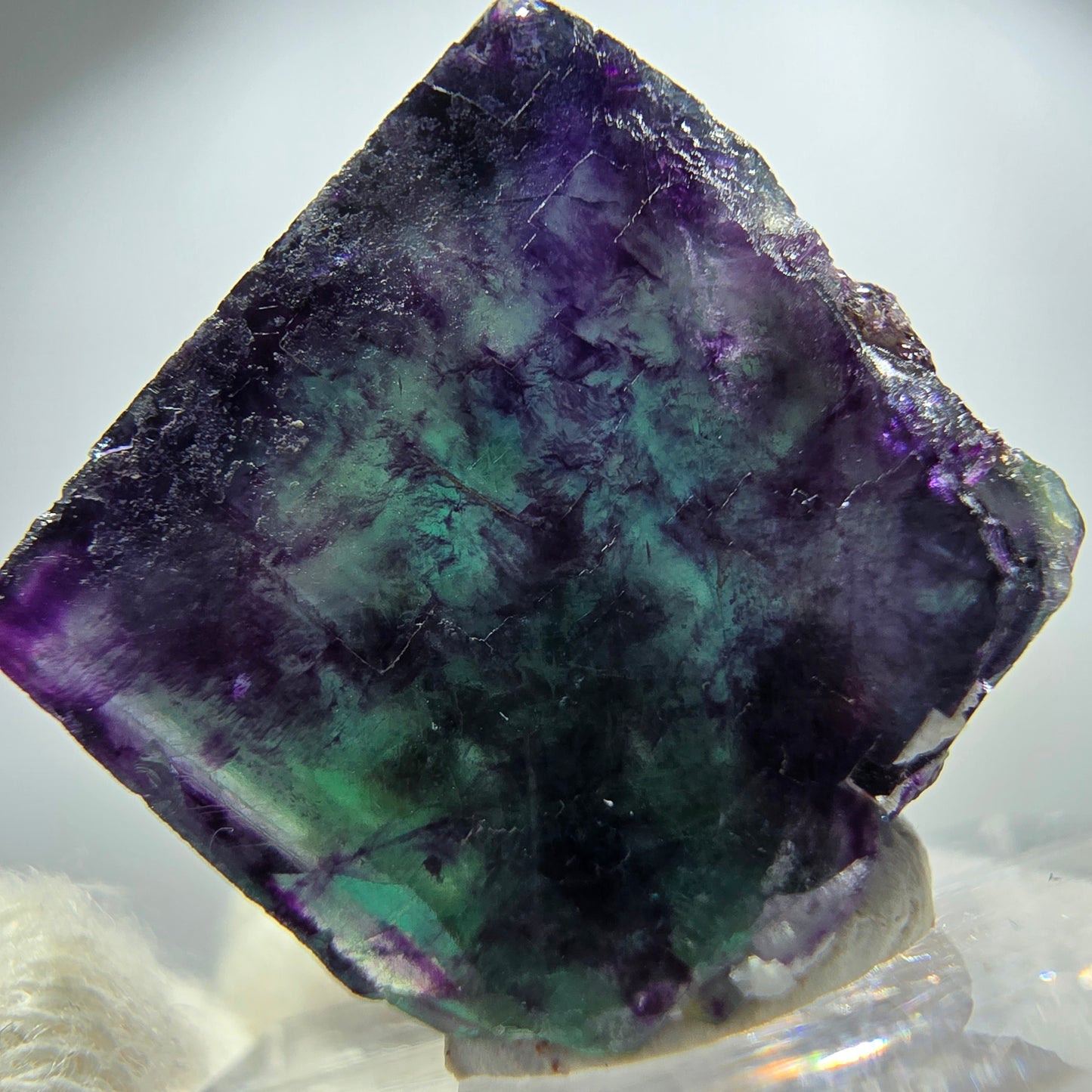Spécimen rare de cube de fluorite fantôme, vert zonal et violet, Okorusu, Namibie, 26 x 24 x 15 mm