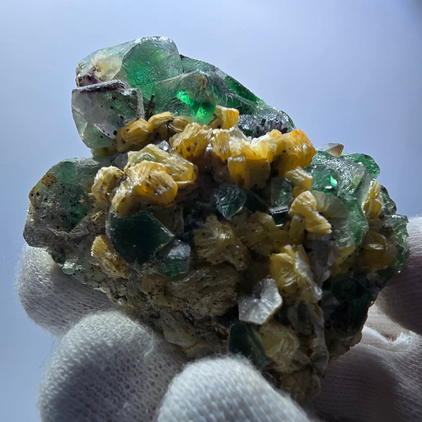 Phantom Fluorit Würfel, Rauchquarz, Schörl Turmalin, Hyalit Erongo, Namibia 66*49*37mm