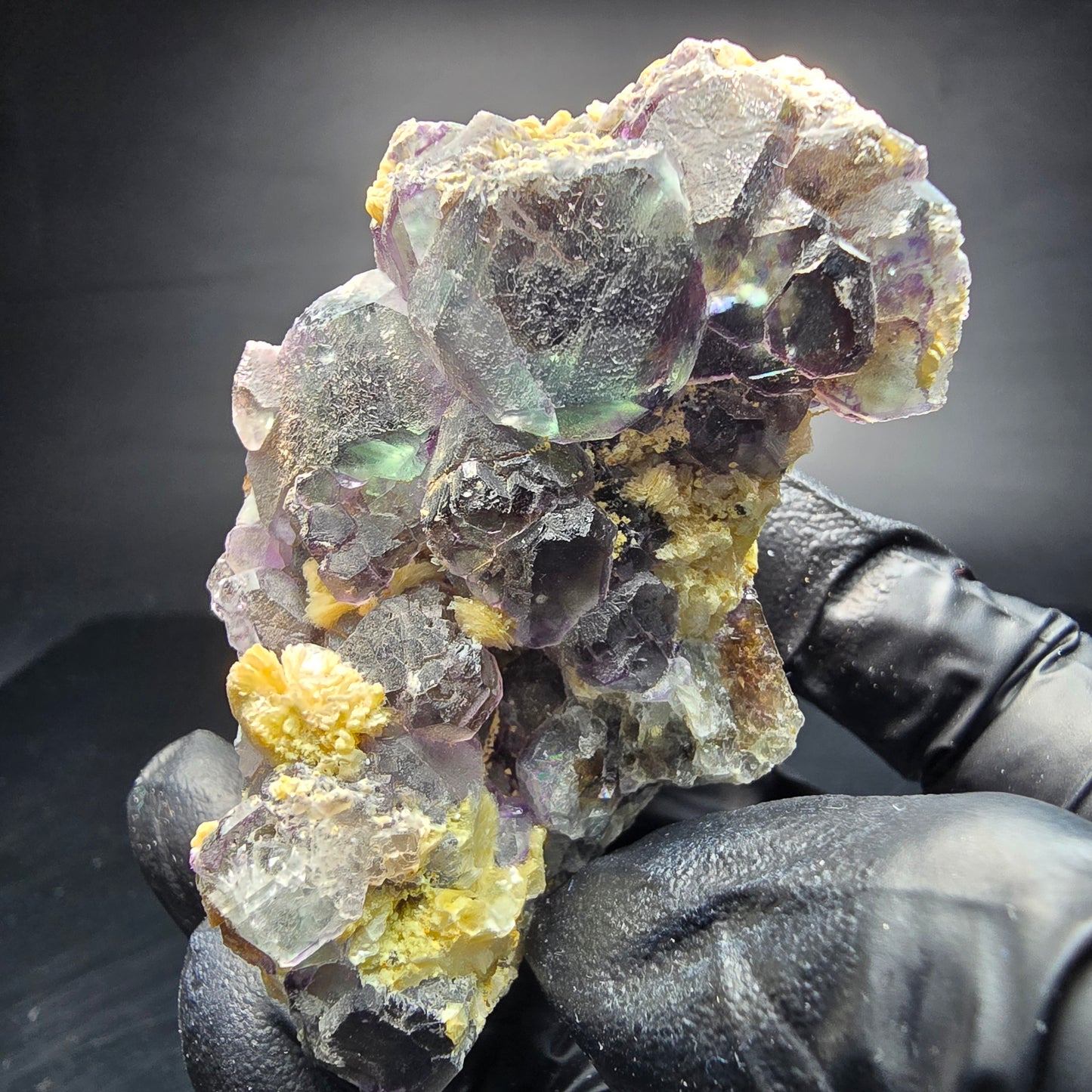 Phantom Fluorit grün lila braun, Muskovit Hyalit Stufe Erongo Namibia 66*57*51mm