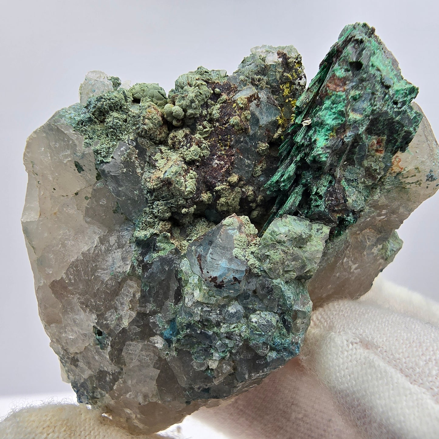 Spécimen rare de malachite, chrysocolle sur quartz Kaokoveld, Namibie 56*45*18mm