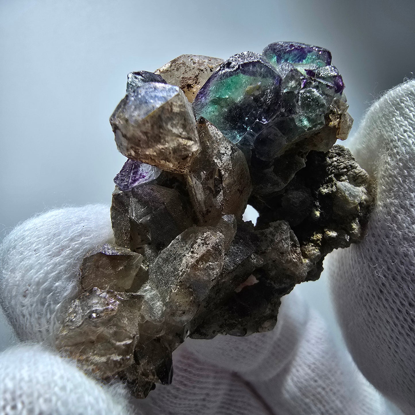 Phantom Fluorit Würfel, Rauchquarz, Hyalit Stufe Erongo, Namibia 48*36*21mm