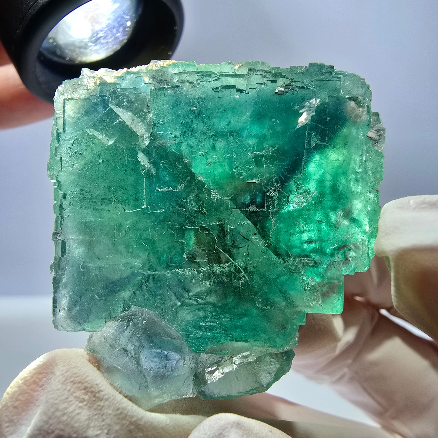 Spécimen de cube de fluorite fantôme transparente, vert parqueté, Okorusu, Namibie, 44 x 37 x 27 mm