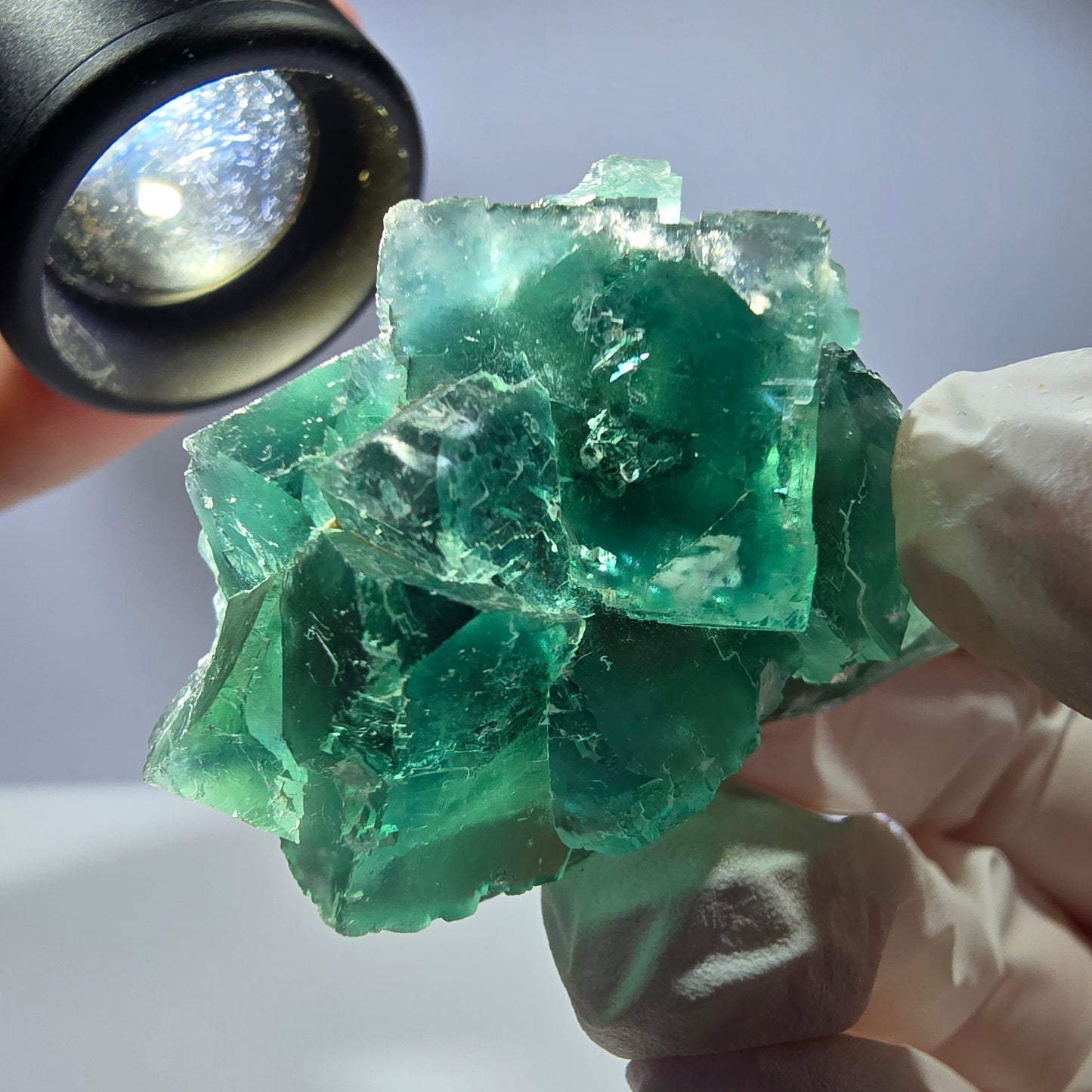 Spécimen de cube de fluorite fantôme transparente, vert parqueté, Okorusu, Namibie, 46 x 31 x 30 mm
