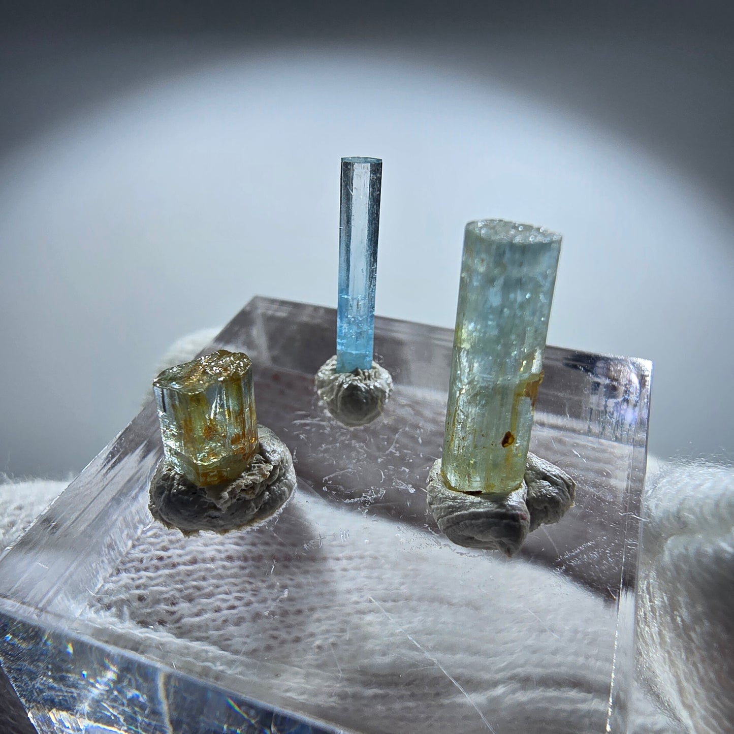 3x Aquamarin Kristalle, blau - 3er Set Erongo, Namibia 6-13mm