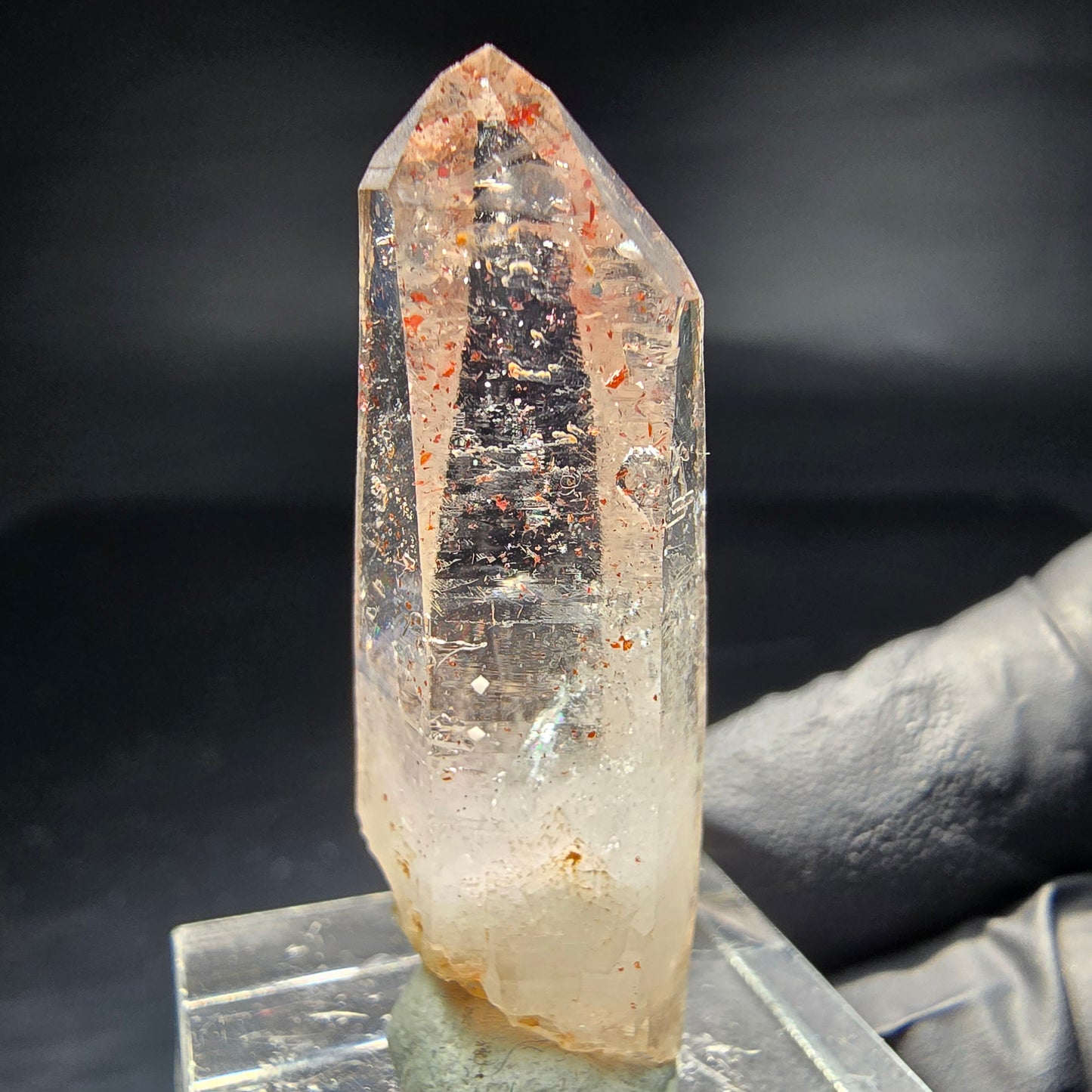 Klare Rauchquarz Spitze mit rotem Eisen Goboboseb Namibia 38*14*11mm Sammlung