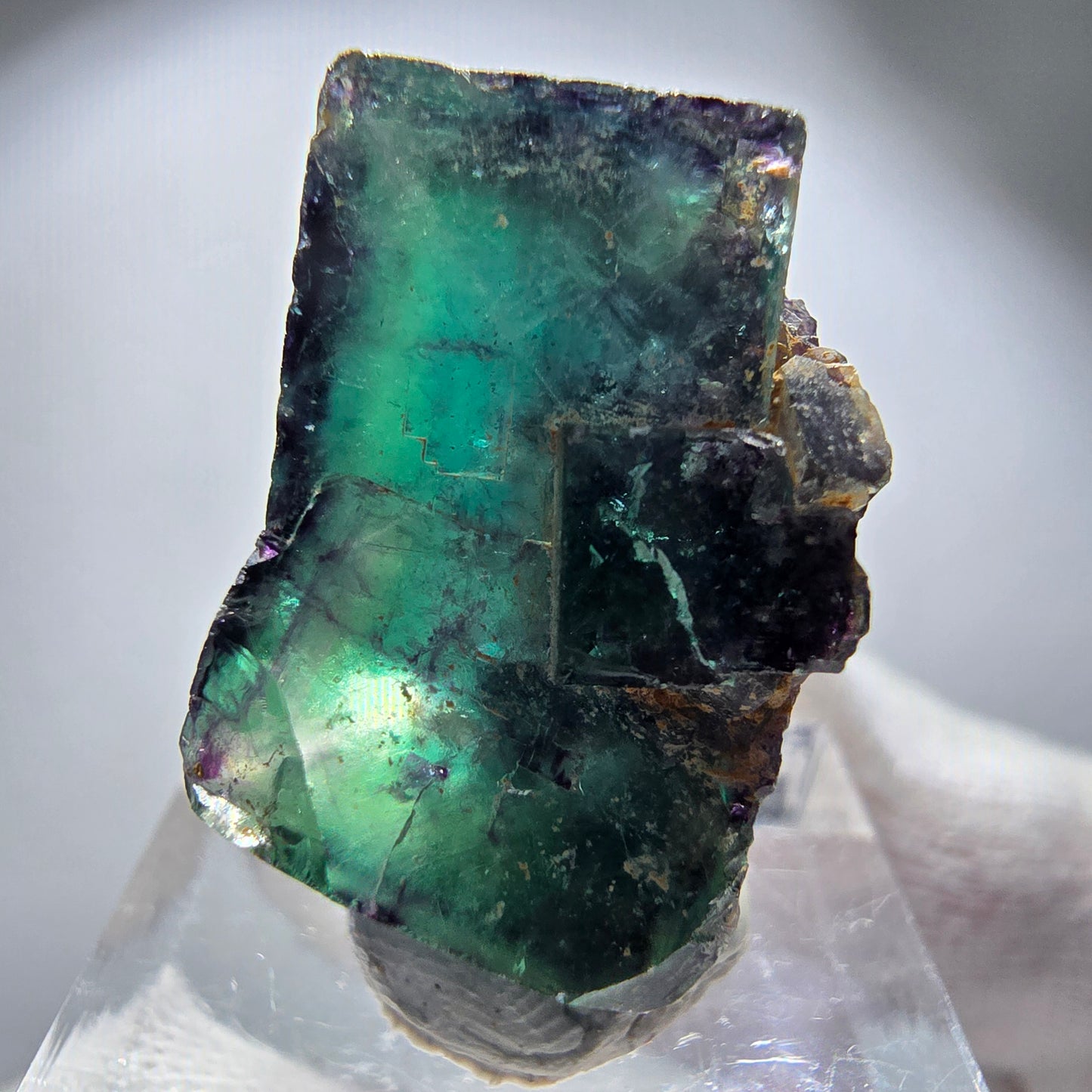 Spécimen rare de cube de fluorite fantôme, vert zonal et violet, Okorusu, Namibie, 29 x 27 x 17 mm