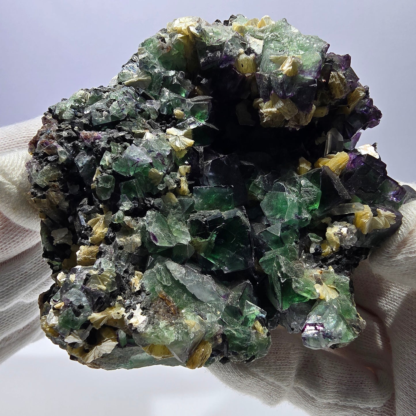 Fluorite fantôme XL, muscovite, hyalite, quartz fumé, tourmaline Schörl, Erongo, Namibie, 107 x 105 x 67 mm