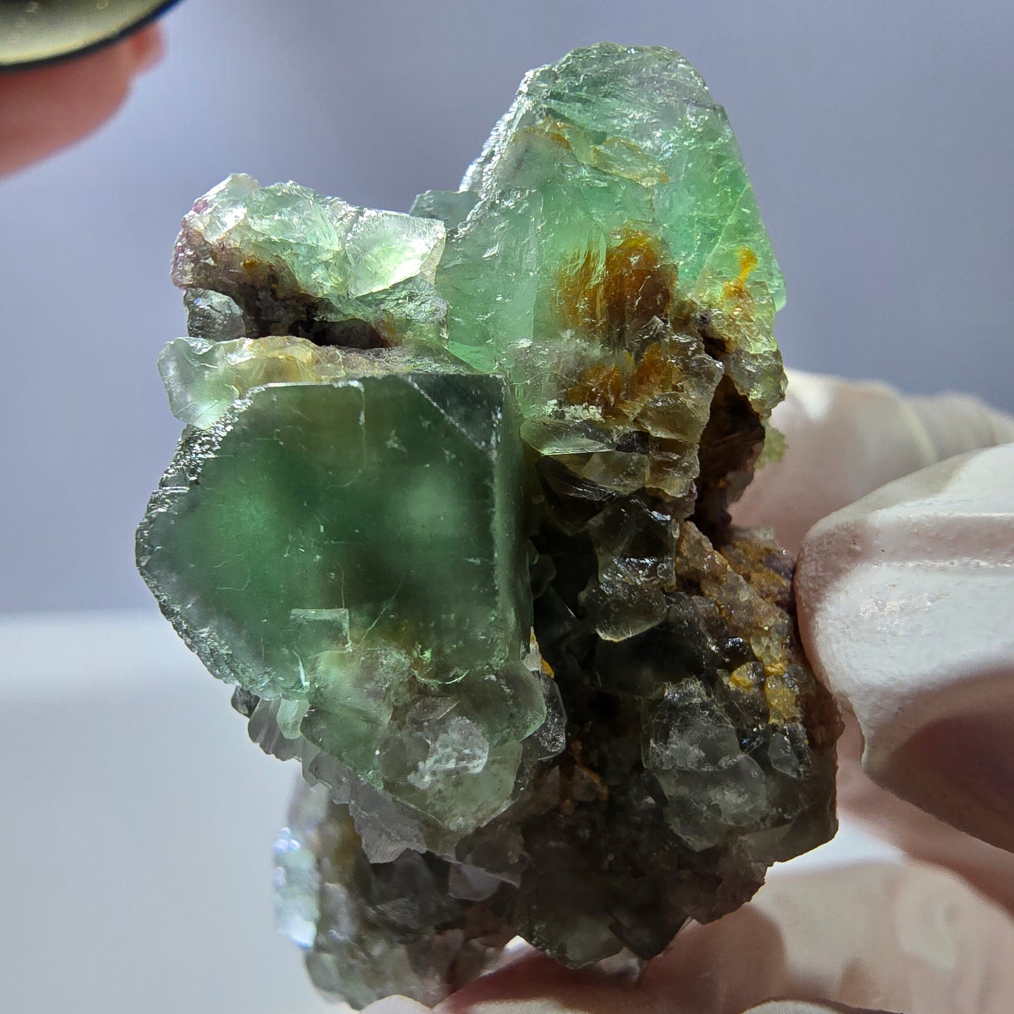 Rare cube de fluorite fantôme, spécimen de quartz vert violet Okorusu Namibie 47 x 28 x 25 mm