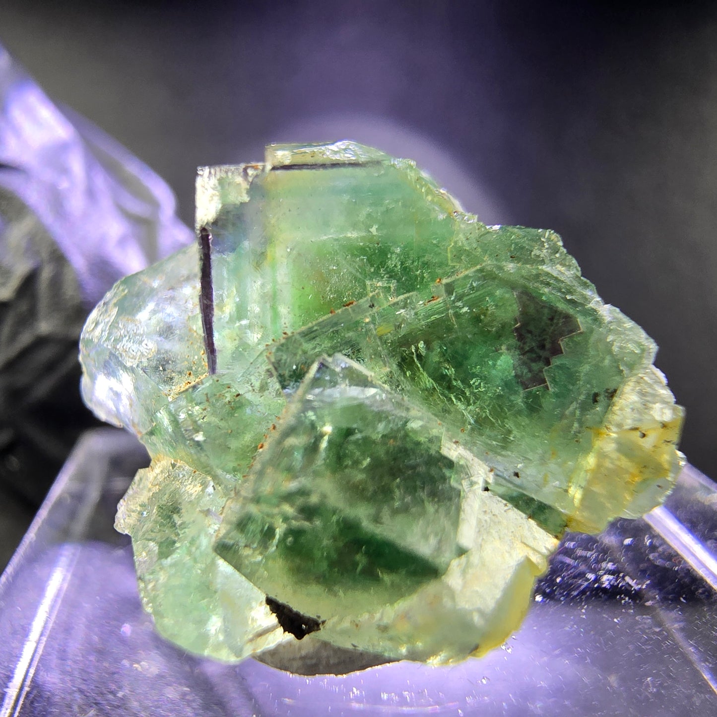 Klare Phantom Fluorit XX Würfel Stufe grün lila 21*20*11mm aus Okorusu, Namibia