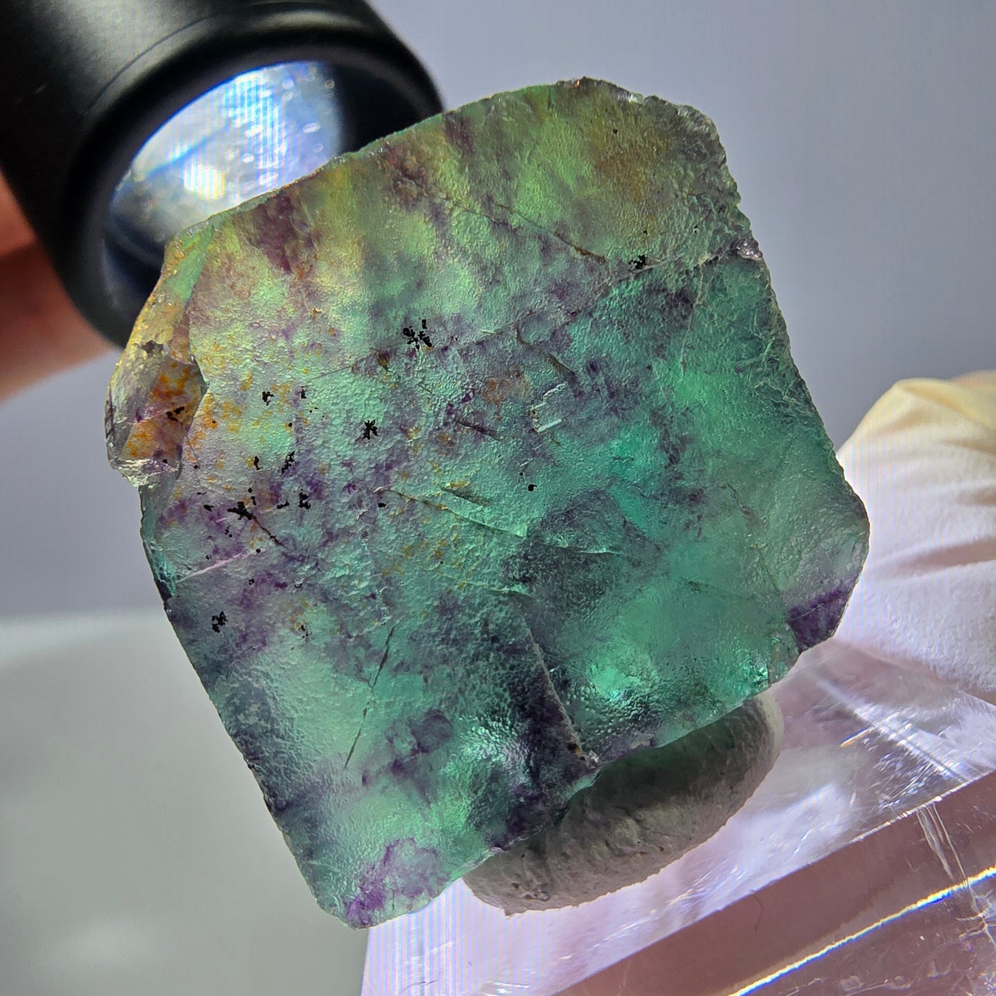 Rare cube de fluorite fantôme parqueté vert violet Okorusu Namibie 31*27*17mm